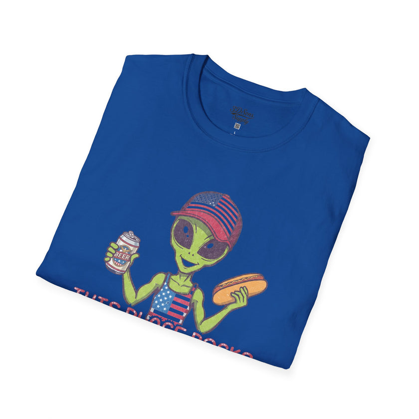 American Alien with Hot Dog and Beer T-Shirt | USA Flag Cap Fourth of July