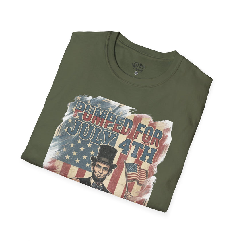 Pumped for July 4th T-Shirt | Patriotic Buff Abraham Lincoln Flag Design