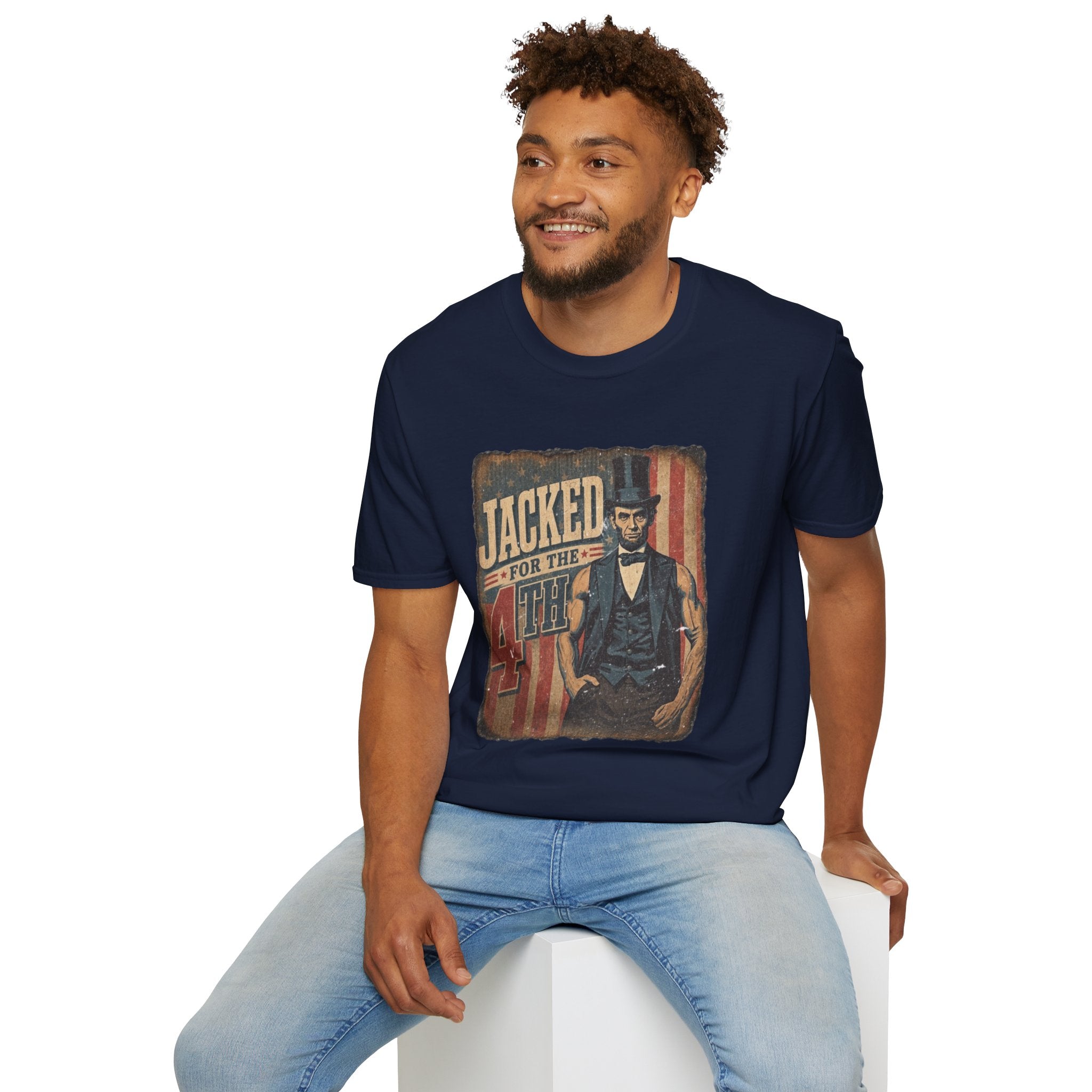 Jacked for July 4th T-Shirt | Patriotic Buff Abraham Lincoln Flag Design