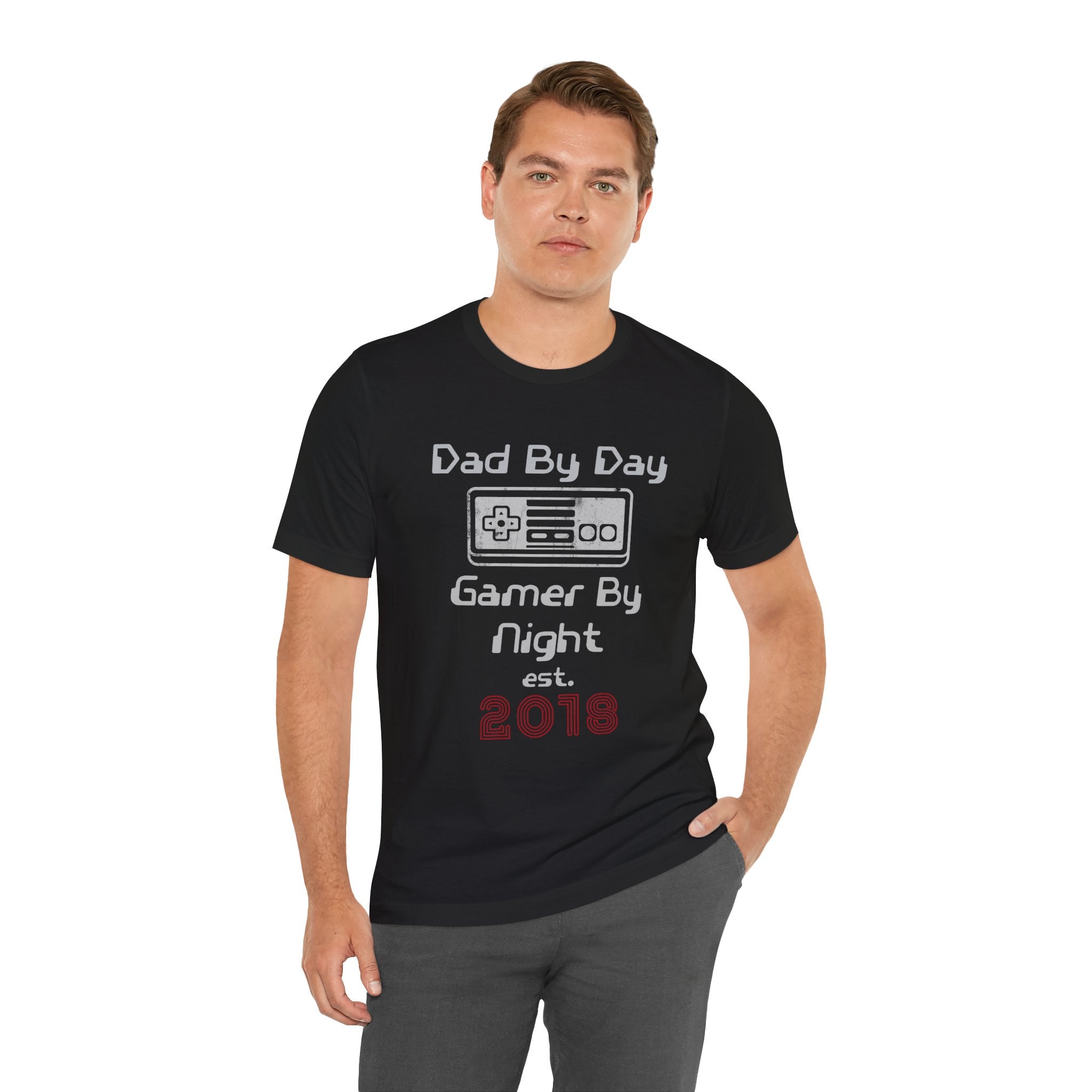 Personalized Dad By Day Gamer By Night T-Shirt — Established 2018 Retro Controller Tee