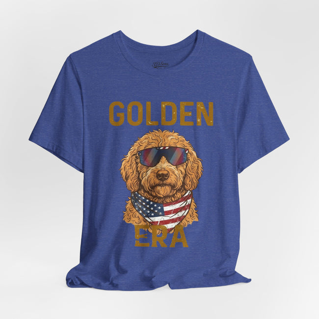 Golden Era Dog T-Shirt – American Flag Doodle with Sunglasses