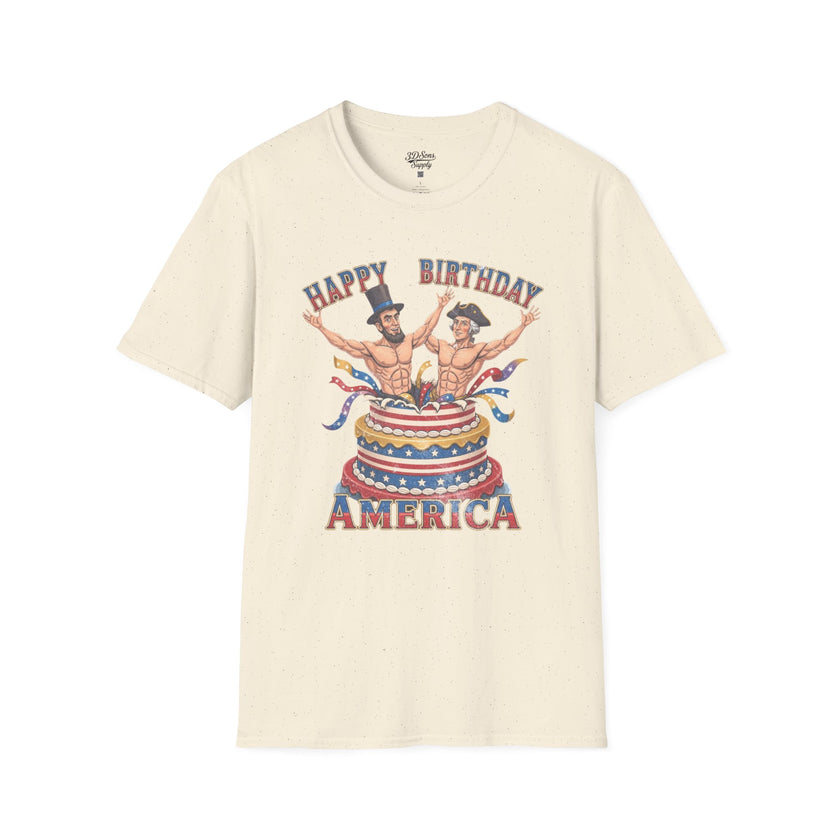 Buff Abraham Lincoln and George Washington Jumping Out of Birthday Cake T-Shirt | 4th of July Patriotic