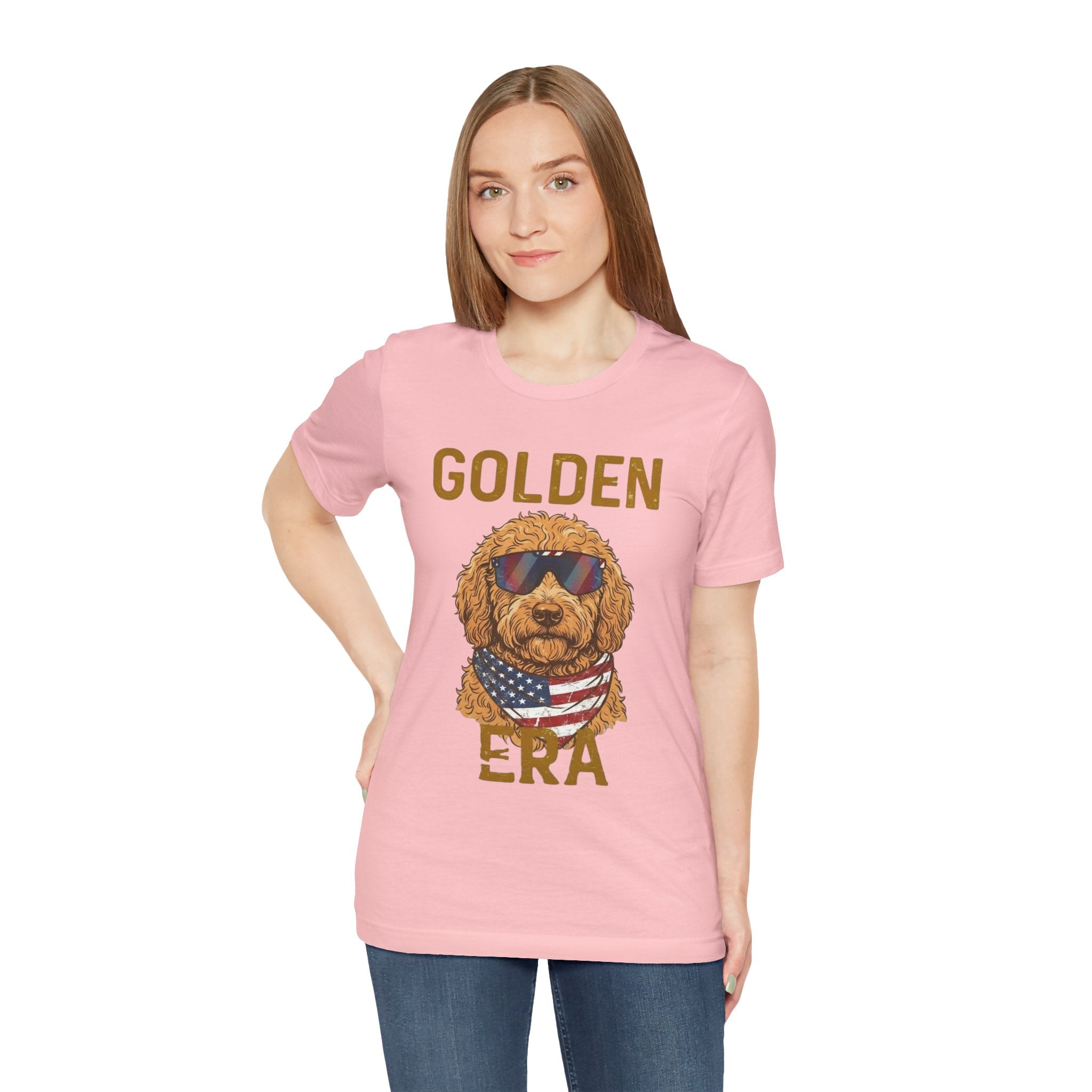 Golden Era Dog T-Shirt – American Flag Doodle with Sunglasses