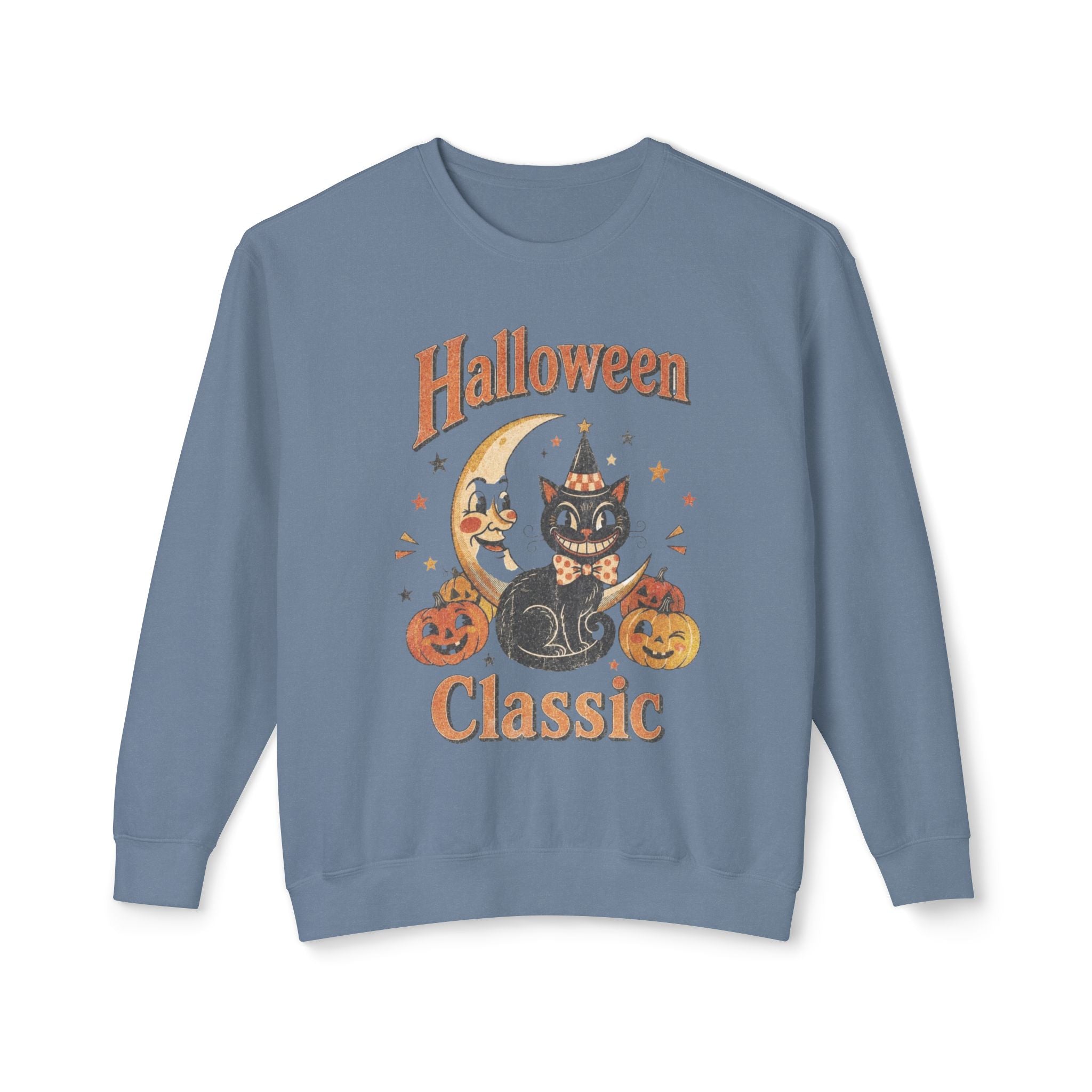 Vintage Halloween Cat Crewneck Sweatshirt | Retro Moon, Pumpkins, Witch Hat