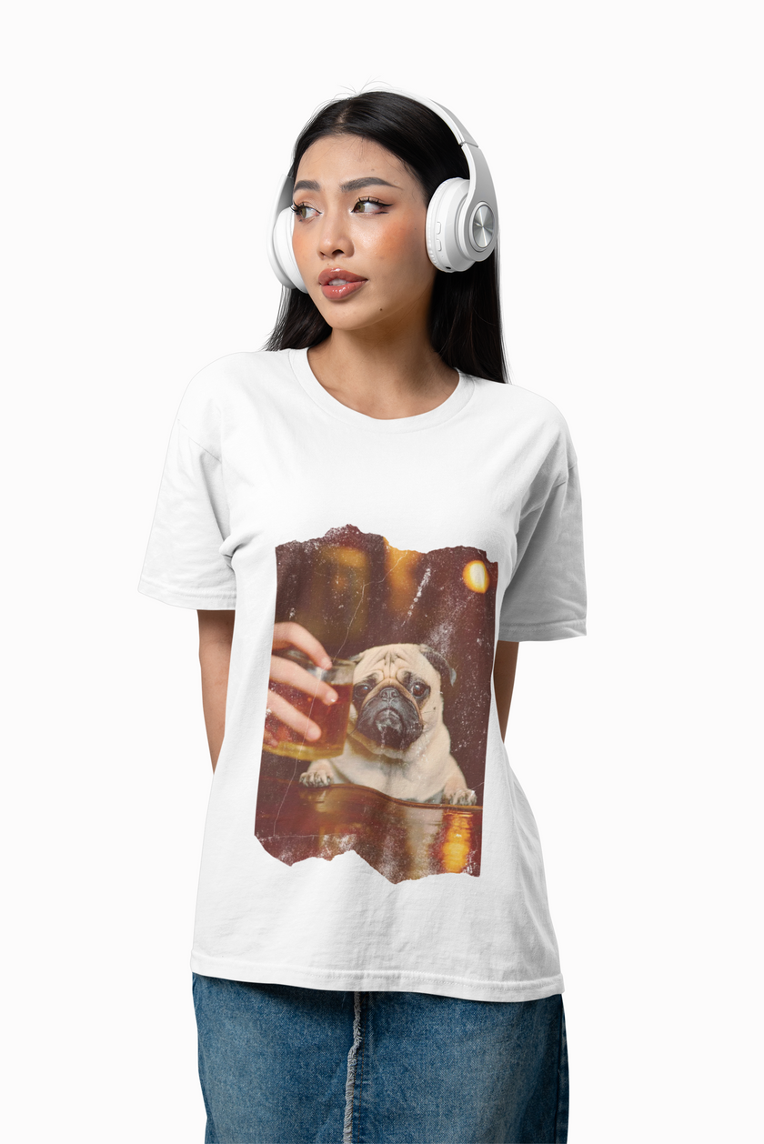 Pug At The Bar T-Shirt — Funny Vintage Pug Drinking Graphic Tee