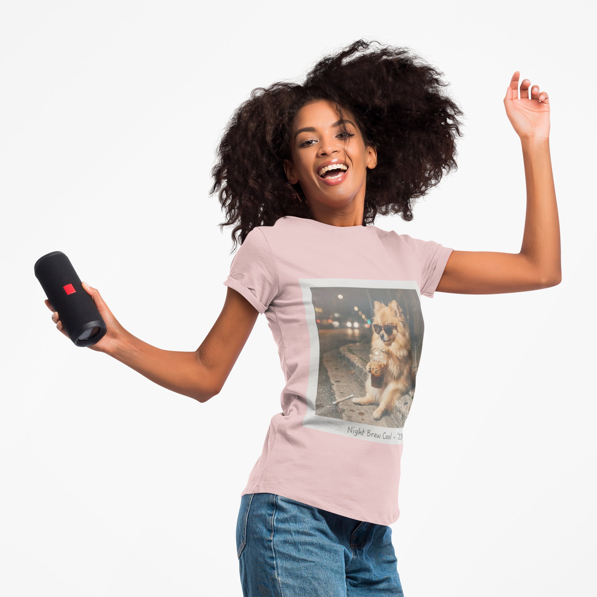 Iced Coffee Night Dog Tee — Late-Night Curb Pomeranian Graphic T-Shirt