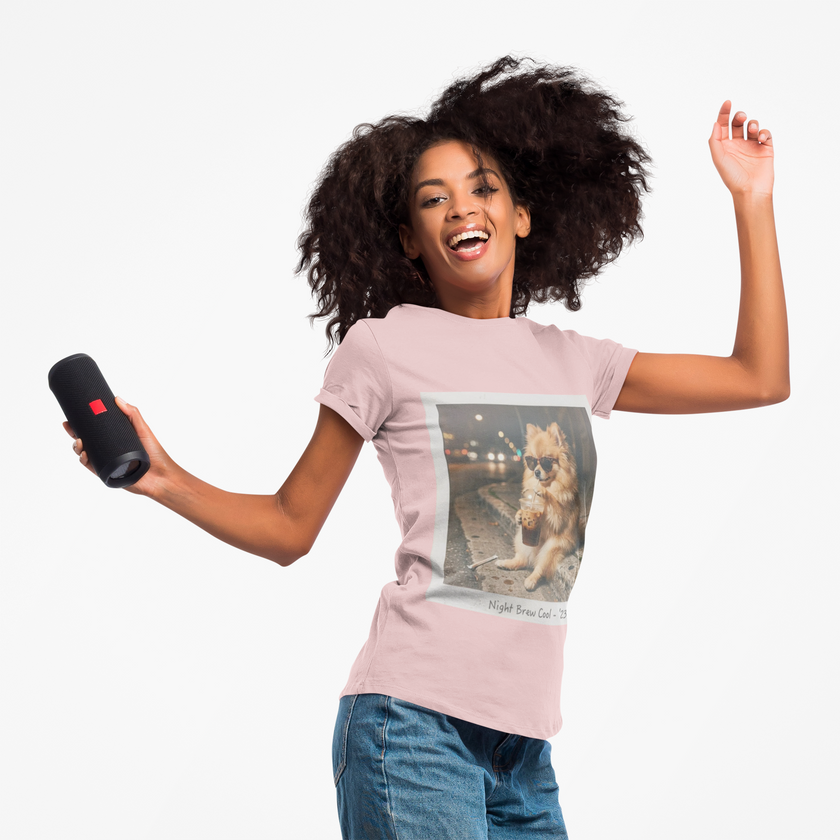 Iced Coffee Night Dog Tee — Late-Night Curb Pomeranian Graphic T-Shirt