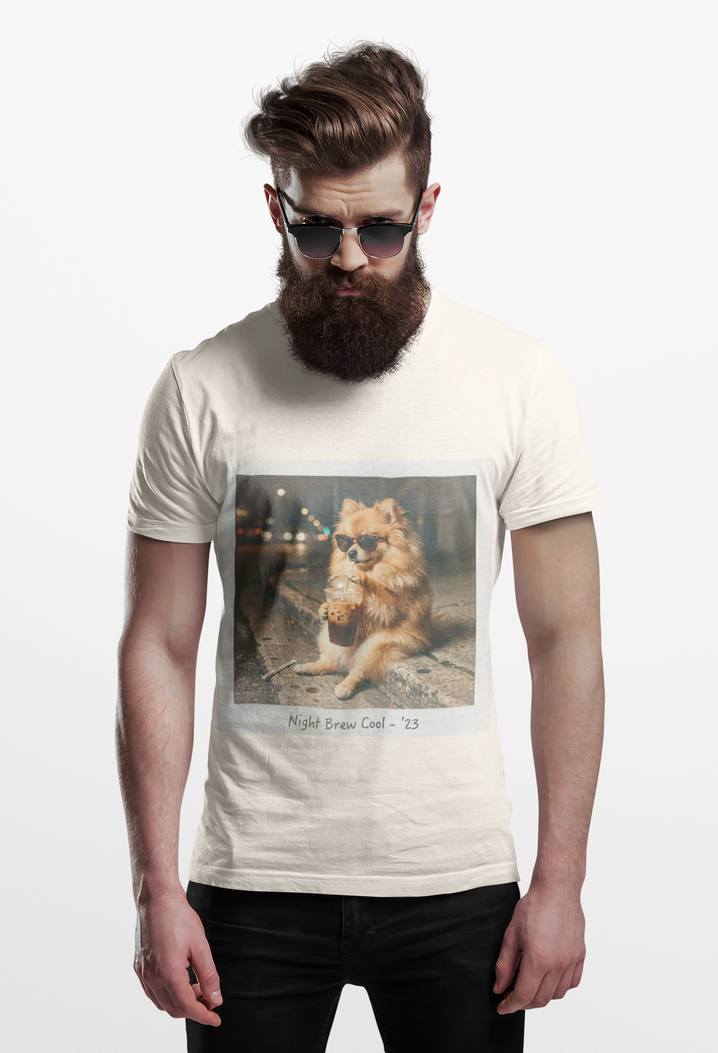 Iced Coffee Night Dog Tee — Late-Night Curb Pomeranian Graphic T-Shirt
