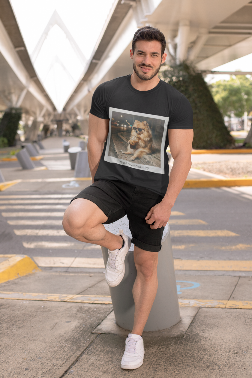Iced Coffee Night Dog Tee — Late-Night Curb Pomeranian Graphic T-Shirt