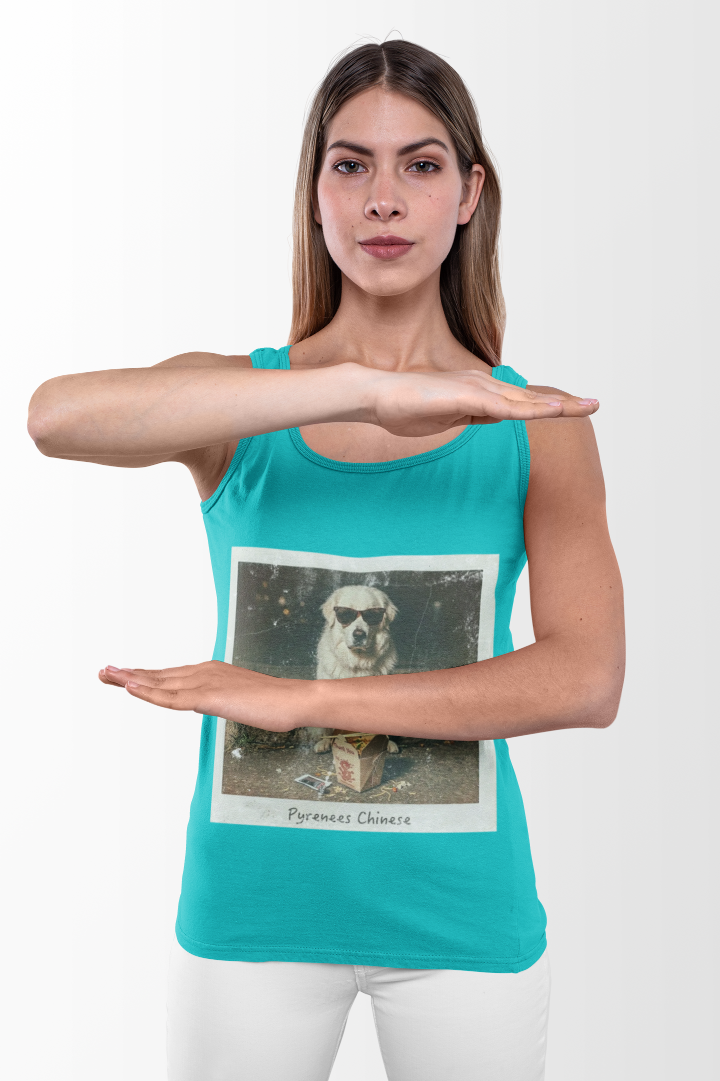 Women's Pyrenees with Chinese Photo Racerback Tank — Vintage Pup Graphic