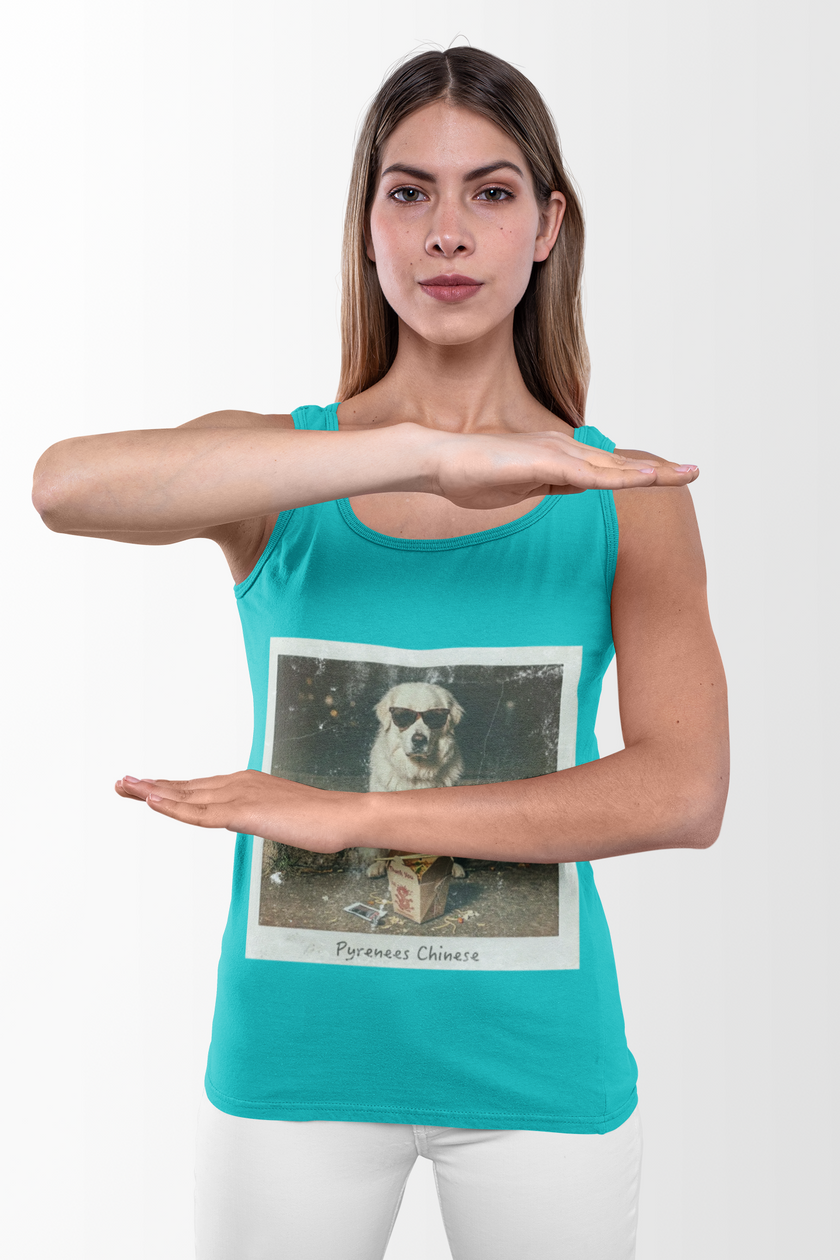 Women's Pyrenees with Chinese Photo Racerback Tank — Vintage Pup Graphic