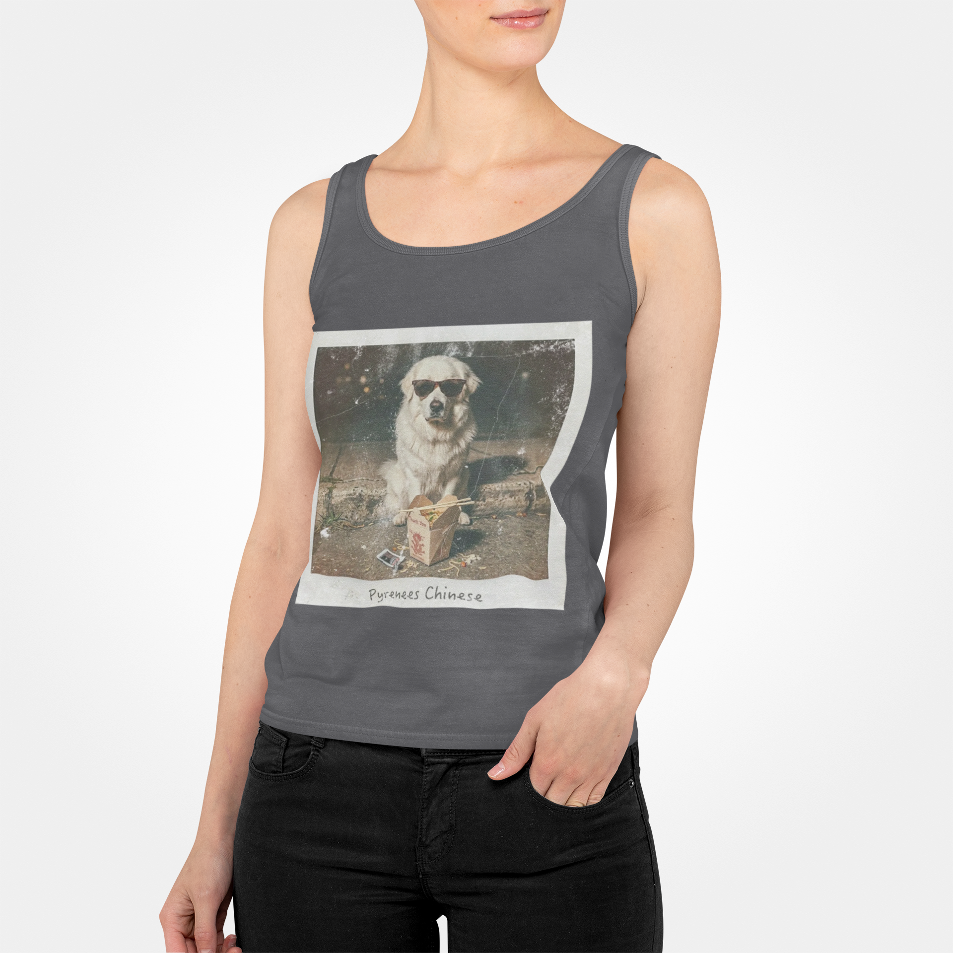 Women's Pyrenees with Chinese Photo Racerback Tank — Vintage Pup Graphic