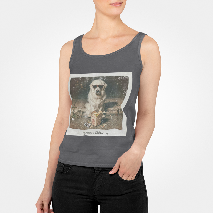 Women's Pyrenees with Chinese Photo Racerback Tank — Vintage Pup Graphic