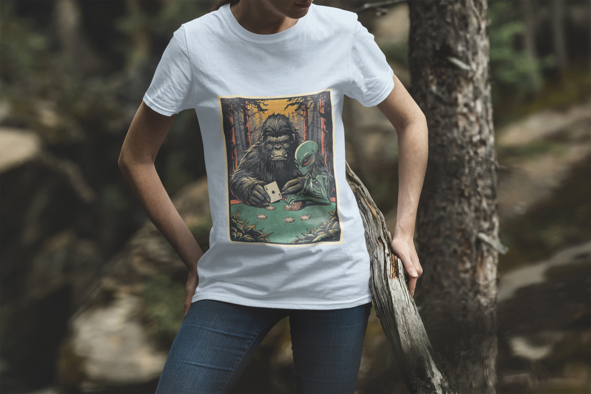 Bigfoot & Alien Playing Poker T-Shirt — Funny Cryptid Woods Tee