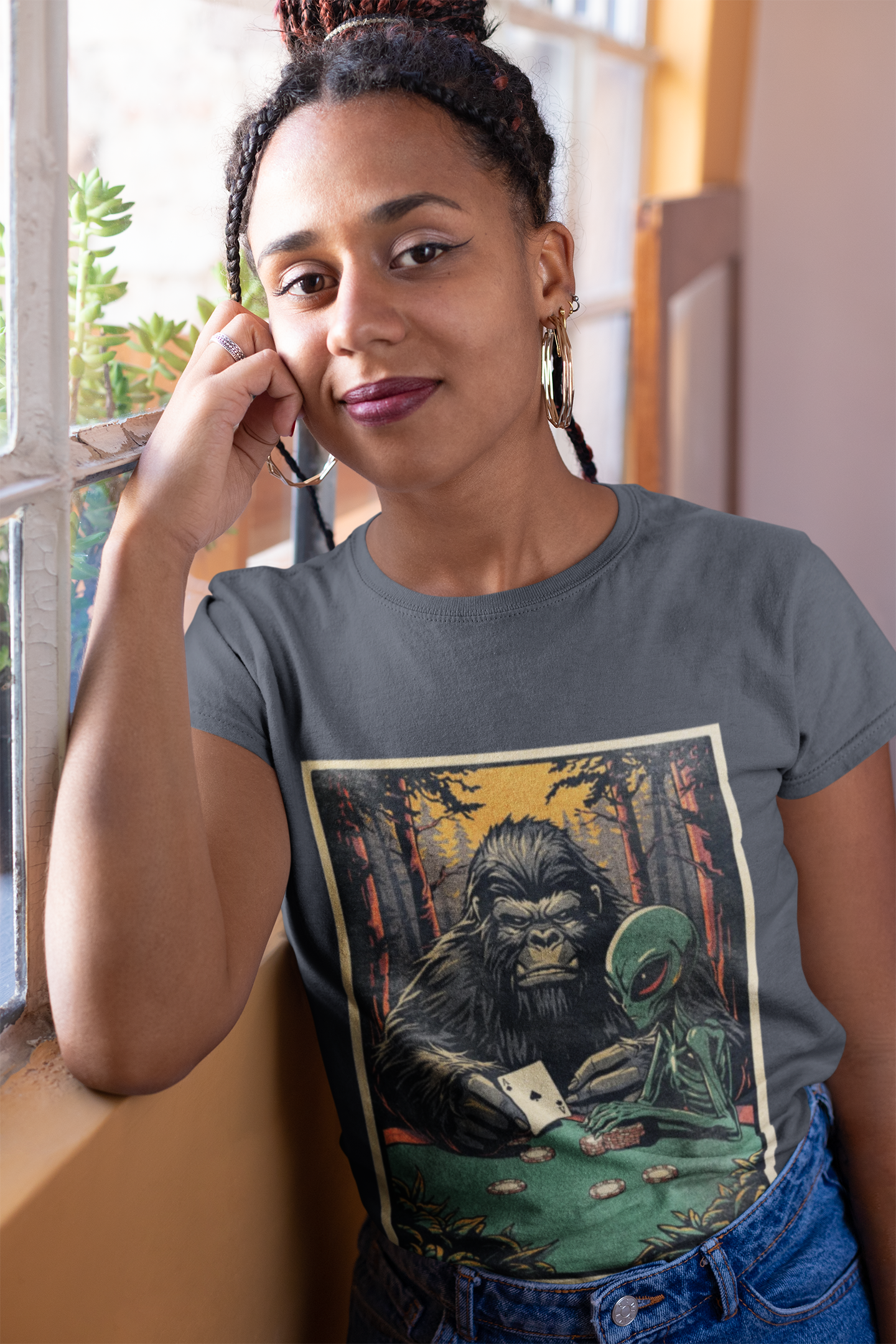 Bigfoot & Alien Playing Poker T-Shirt — Funny Cryptid Woods Tee