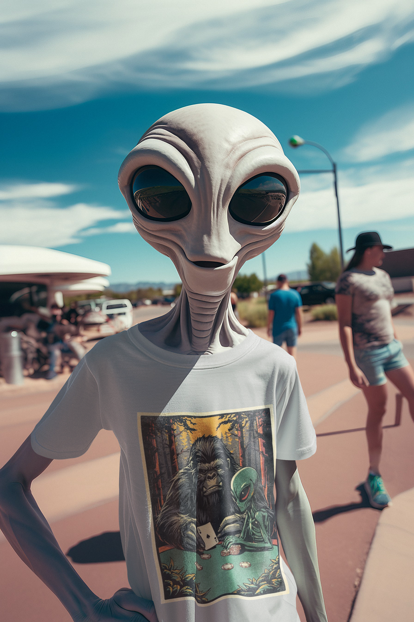 Bigfoot & Alien Playing Poker T-Shirt — Funny Cryptid Woods Tee