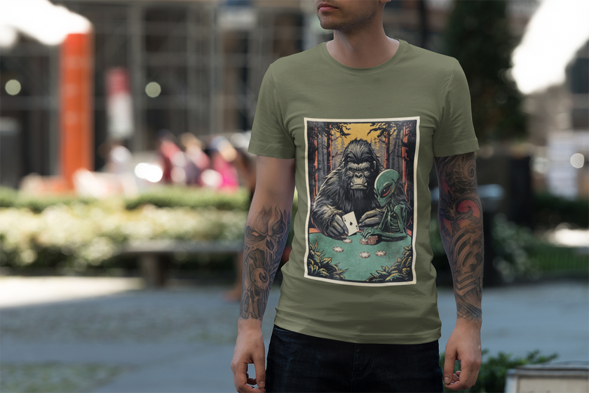 Bigfoot & Alien Playing Poker T-Shirt — Funny Cryptid Woods Tee