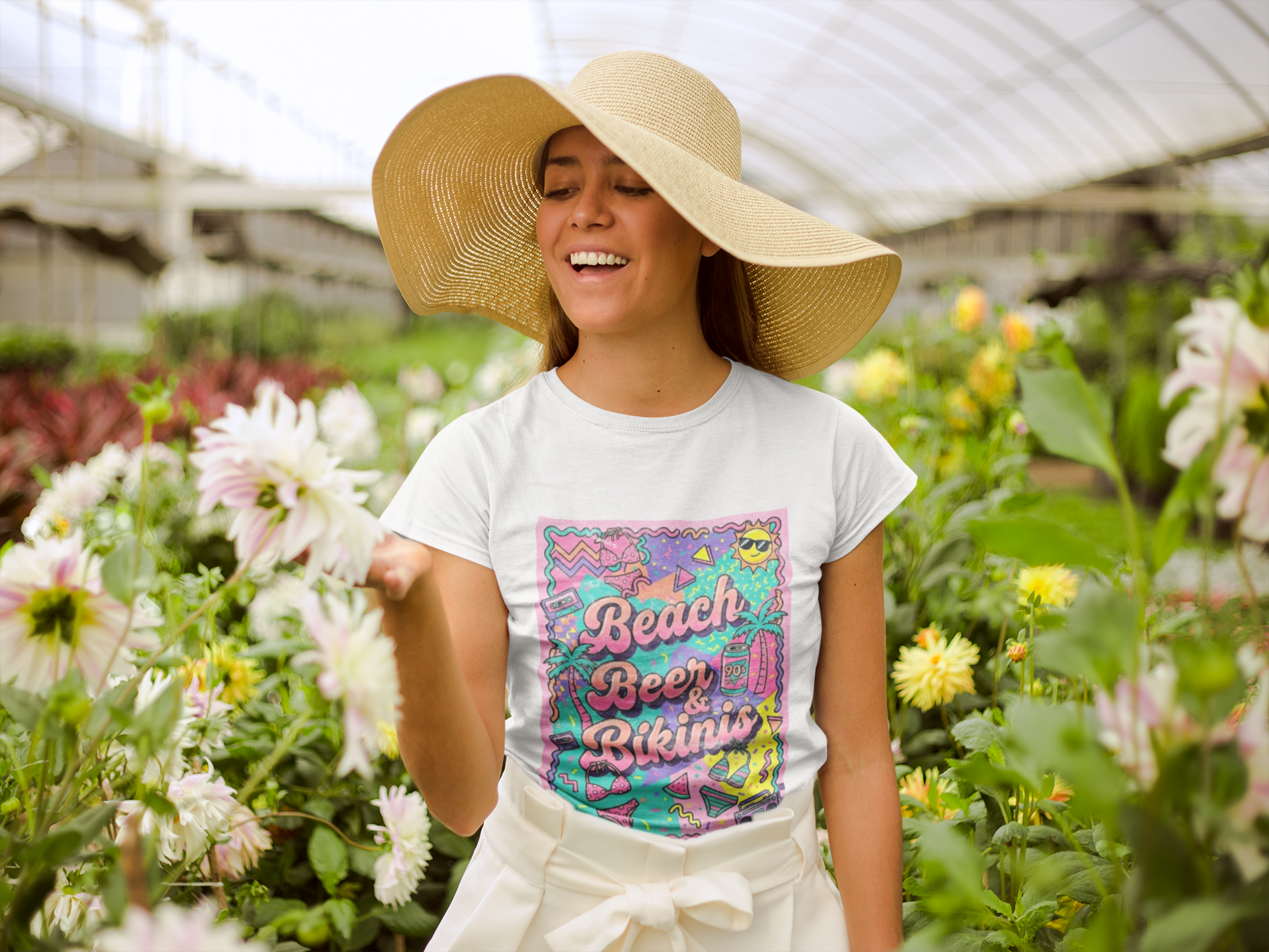 Beach, Beer & Bikinis Boyfriend Tee — Women's Retro Summer Graphic T-Shirt