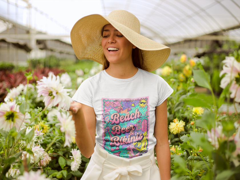 Beach, Beer & Bikinis Boyfriend Tee — Women's Retro Summer Graphic T-Shirt