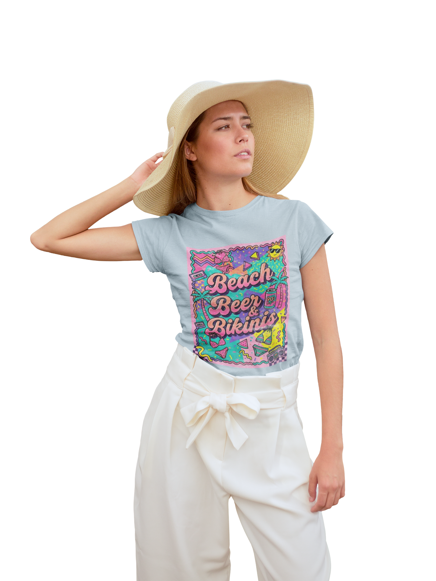 Beach, Beer & Bikinis Boyfriend Tee — Women's Retro Summer Graphic T-Shirt