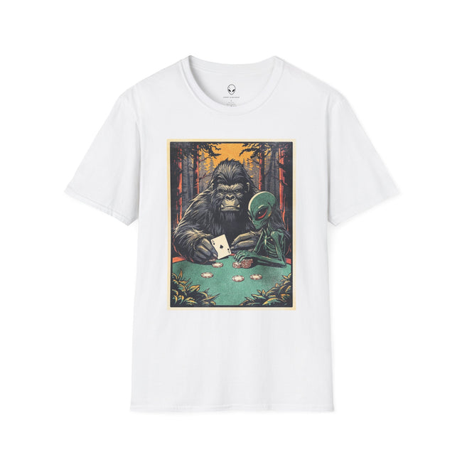 Bigfoot & Alien Playing Poker T-Shirt — Funny Cryptid Woods Tee