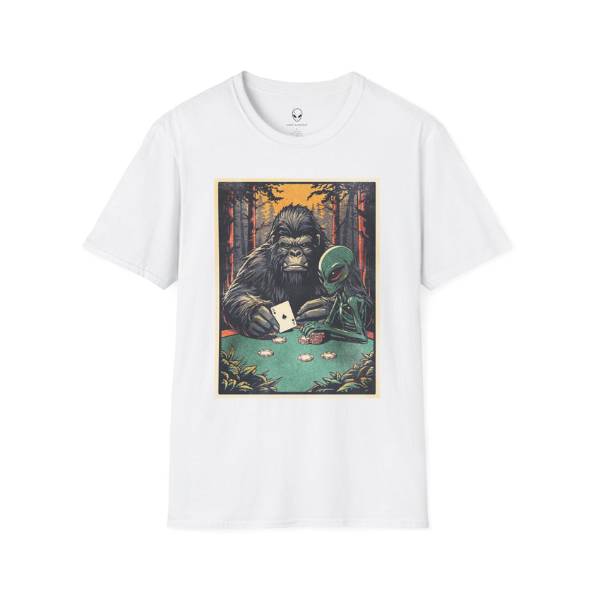 Bigfoot & Alien Playing Poker T-Shirt — Funny Cryptid Woods Tee