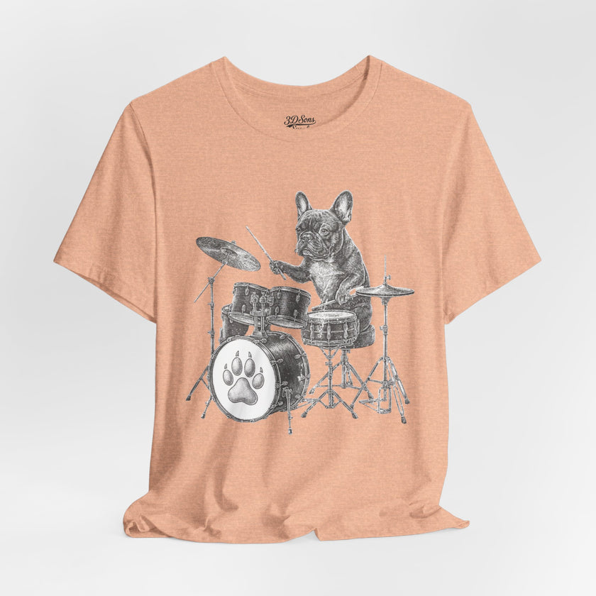 Drumming French Bulldog T-Shirt — Cute Dog Playing Drum Graphic Tee