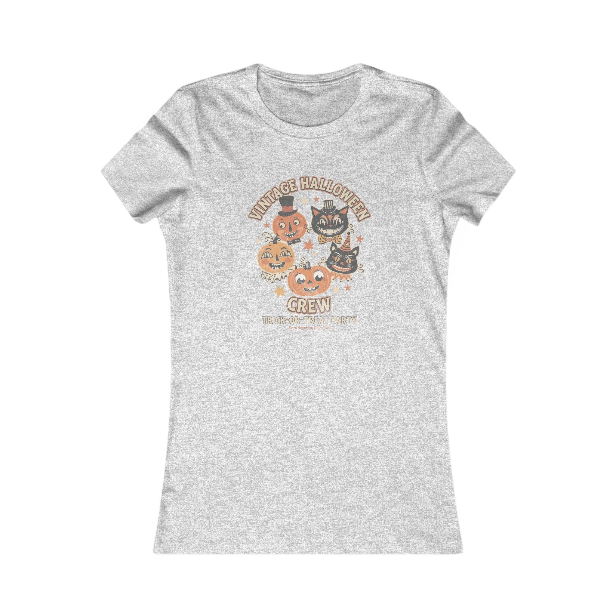 Women's Vintage Halloween Tee - 'Vintage Halloween Crew' Cute Pumpkin & Cat Graphic
