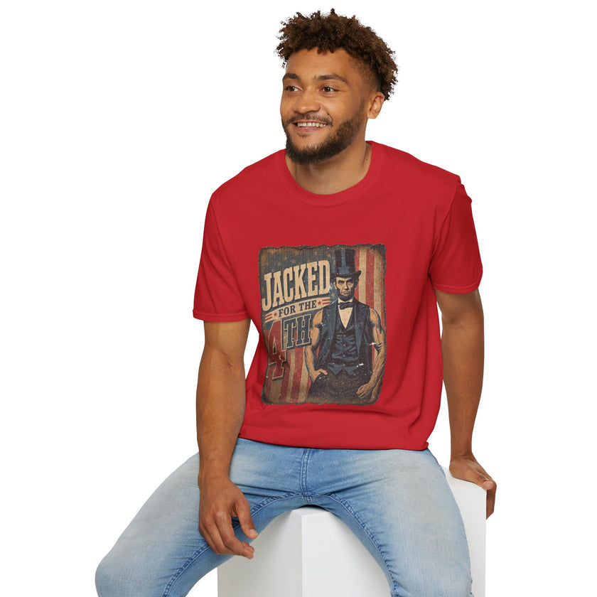 Jacked for July 4th T-Shirt | Patriotic Buff Abraham Lincoln Flag Design