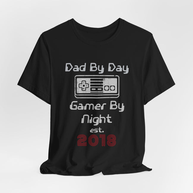 Personalized Dad By Day Gamer By Night T-Shirt — Established 2018 Retro Controller Tee