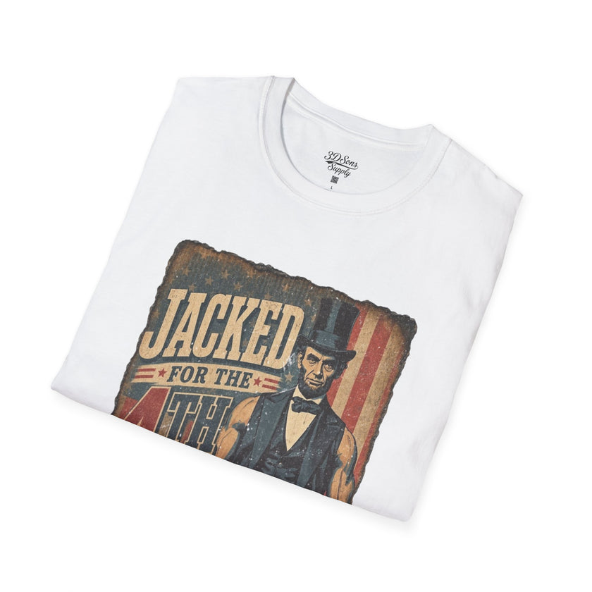 Jacked for July 4th T-Shirt | Patriotic Buff Abraham Lincoln Flag Design