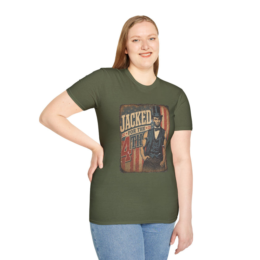 Jacked for July 4th T-Shirt | Patriotic Buff Abraham Lincoln Flag Design