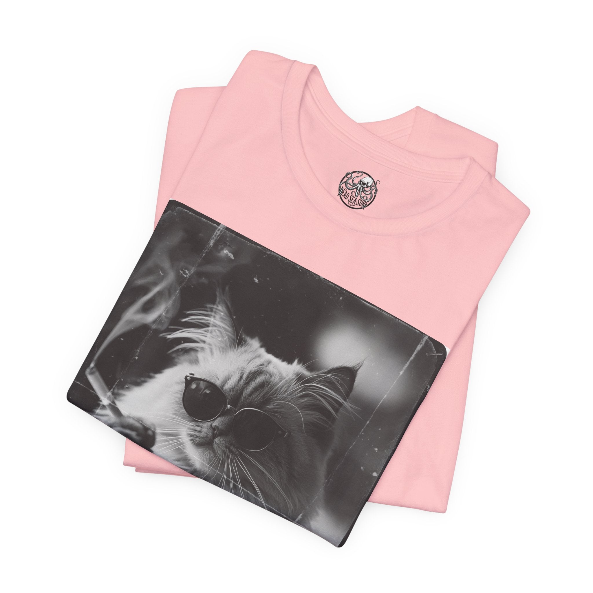 Smoking Cool Cat Portrait T-Shirt | Black & White Photo Cat Tee
