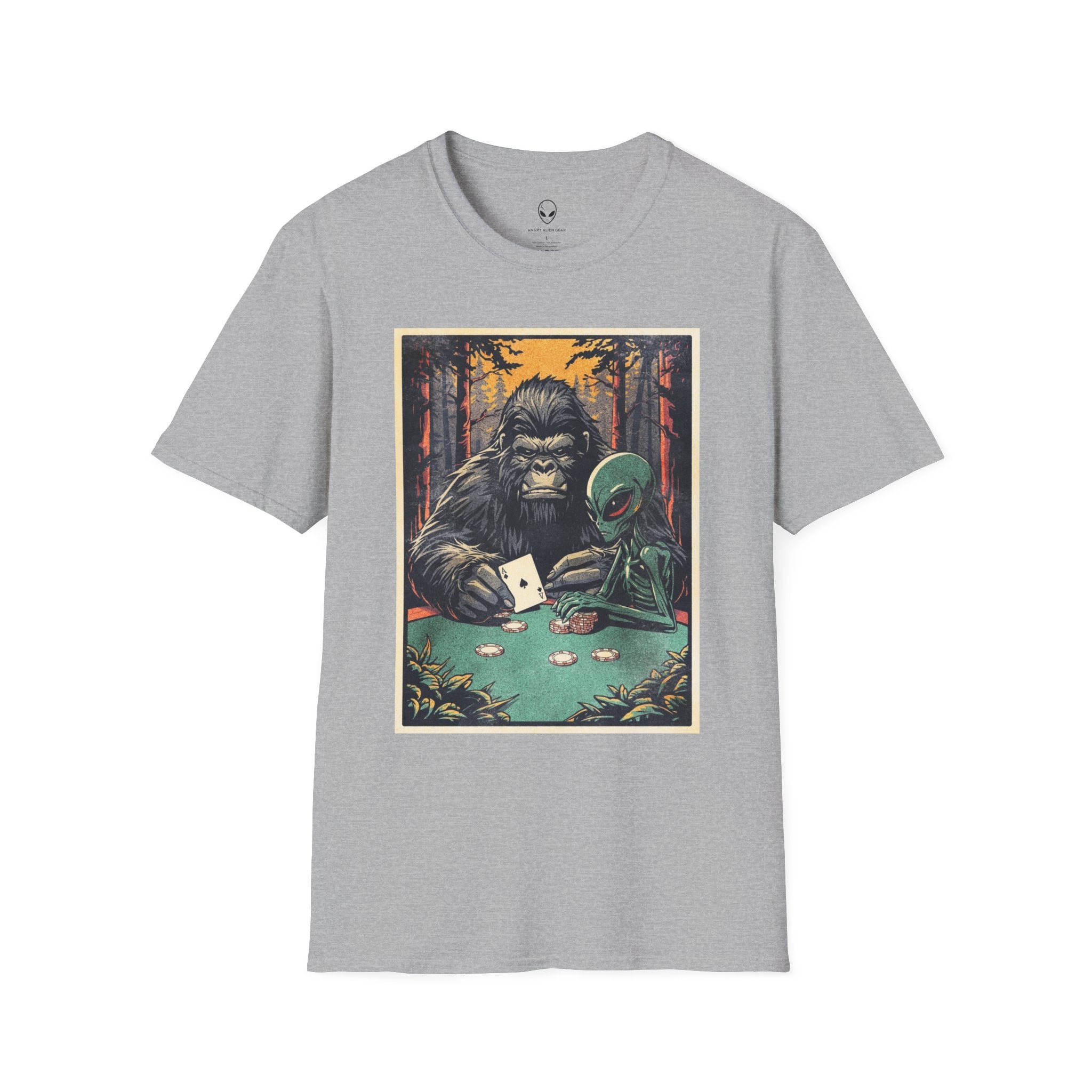 Bigfoot & Alien Playing Poker T-Shirt — Funny Cryptid Woods Tee