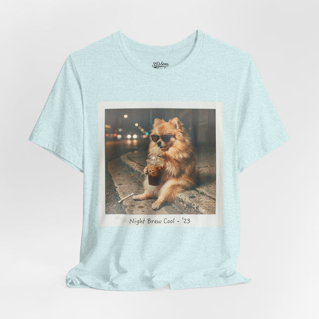 Iced Coffee Night Dog Tee — Late-Night Curb Pomeranian Graphic T-Shirt