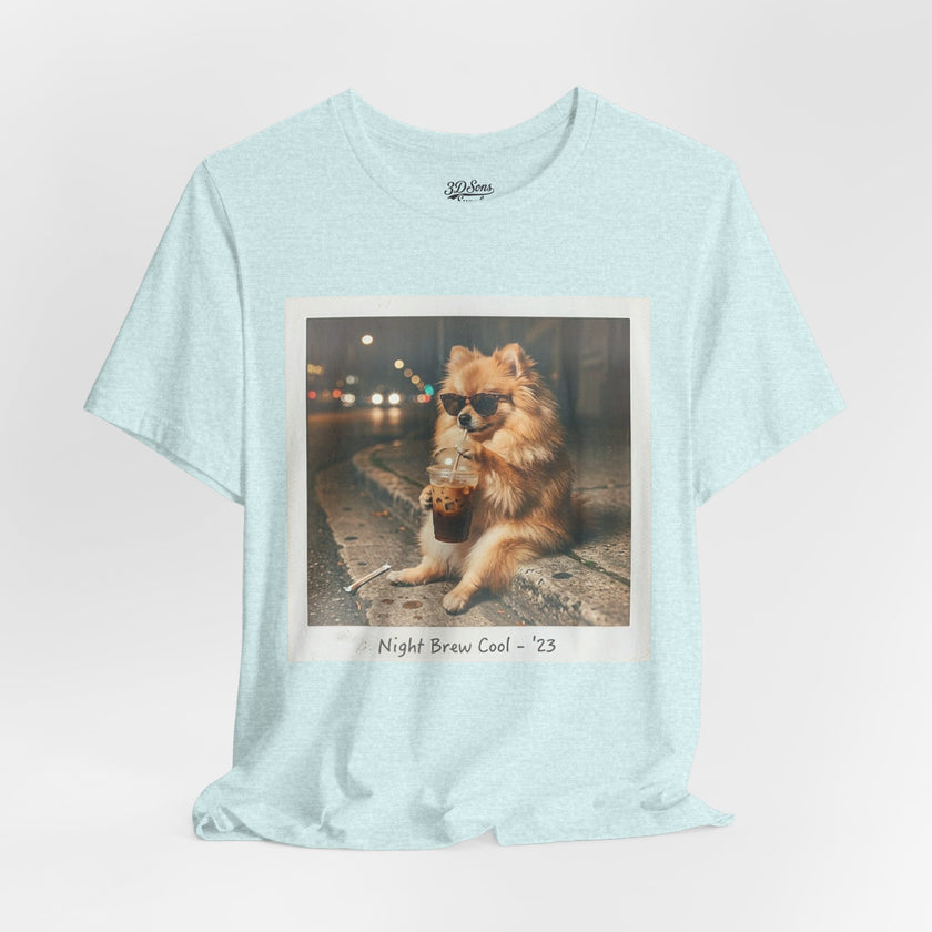 Iced Coffee Night Dog Tee — Late-Night Curb Pomeranian Graphic T-Shirt
