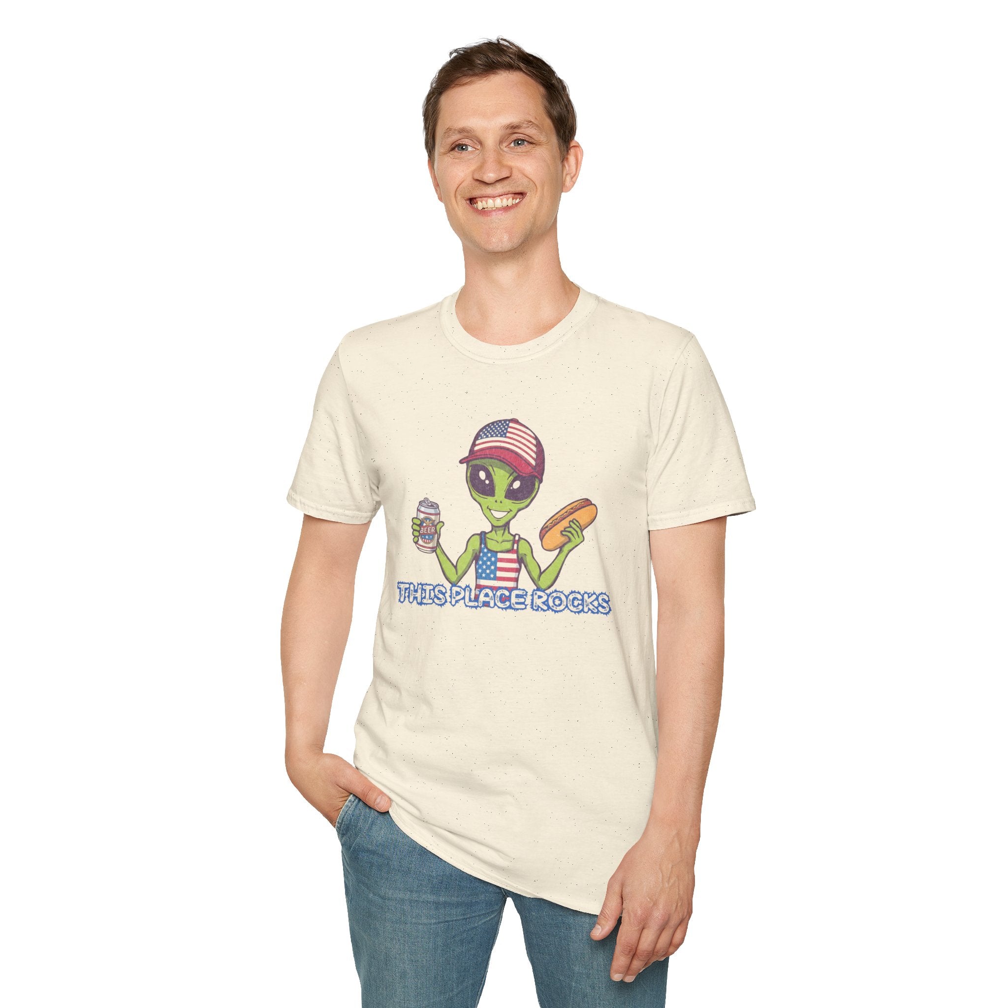 American Alien with Hot Dog and Beer T-Shirt | USA Flag Cap Fourth of July