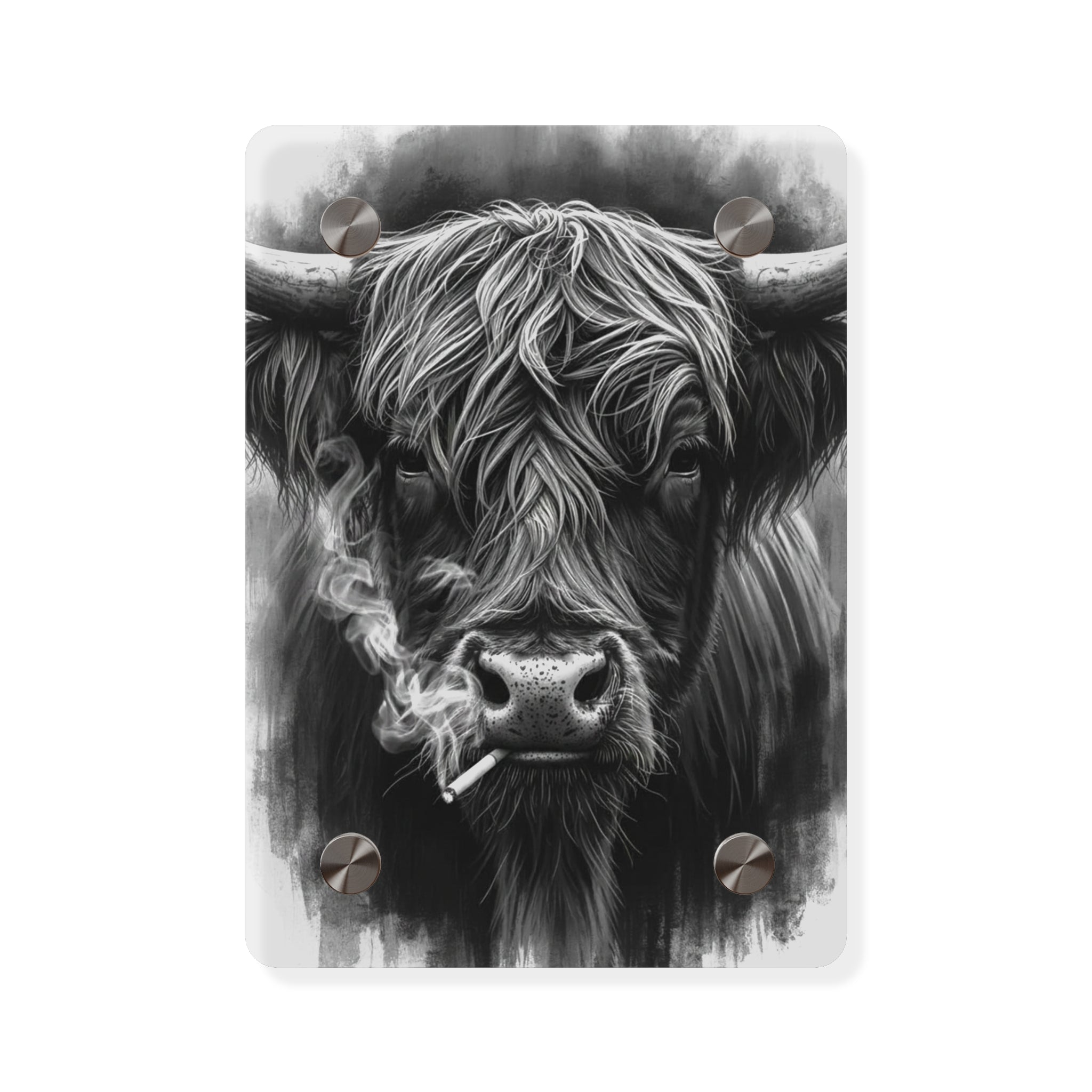Smoking Highland Cow Acrylic Wall Art Panel | Black White Highland Bull Print