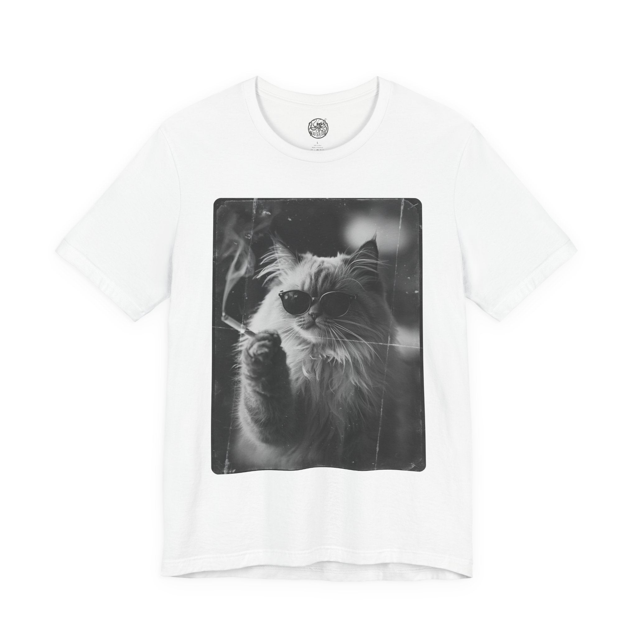 Smoking Cool Cat Portrait T-Shirt | Black & White Photo Cat Tee