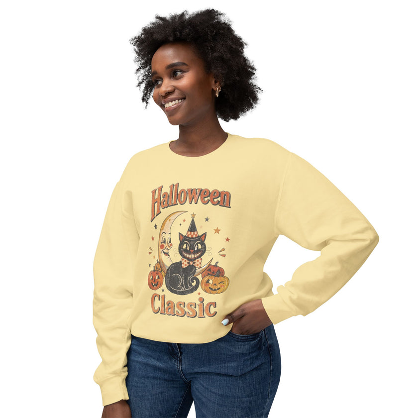 Vintage Halloween Cat Crewneck Sweatshirt | Retro Moon, Pumpkins, Witch Hat