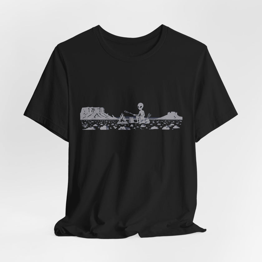 Alien Spaceship Campfire Illustration, Minimalist Landscape
