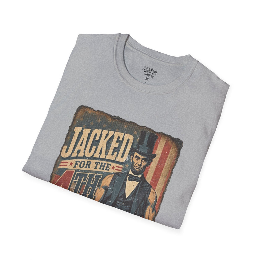 Jacked for July 4th T-Shirt | Patriotic Buff Abraham Lincoln Flag Design