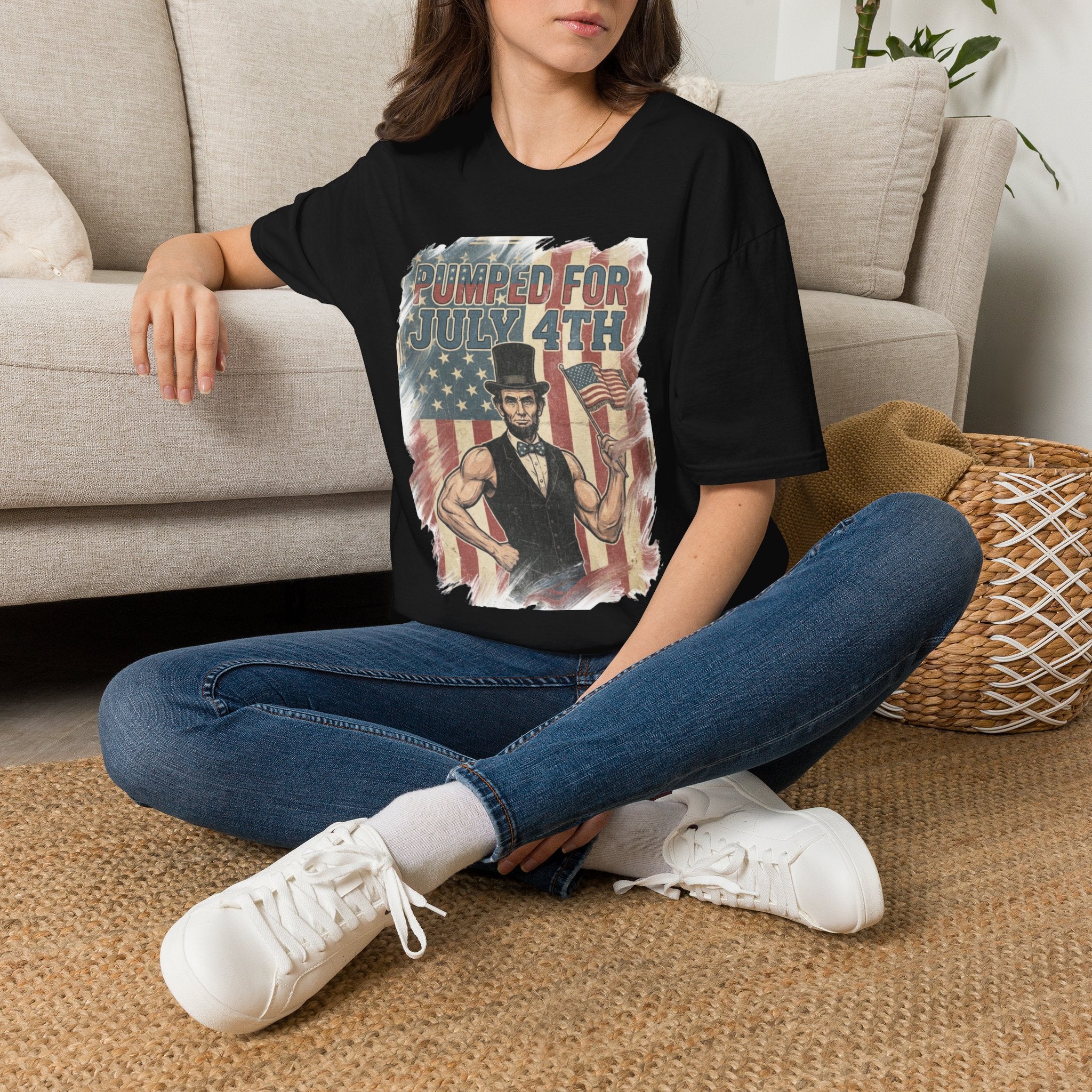 Pumped for July 4th T-Shirt | Patriotic Buff Abraham Lincoln Flag Design
