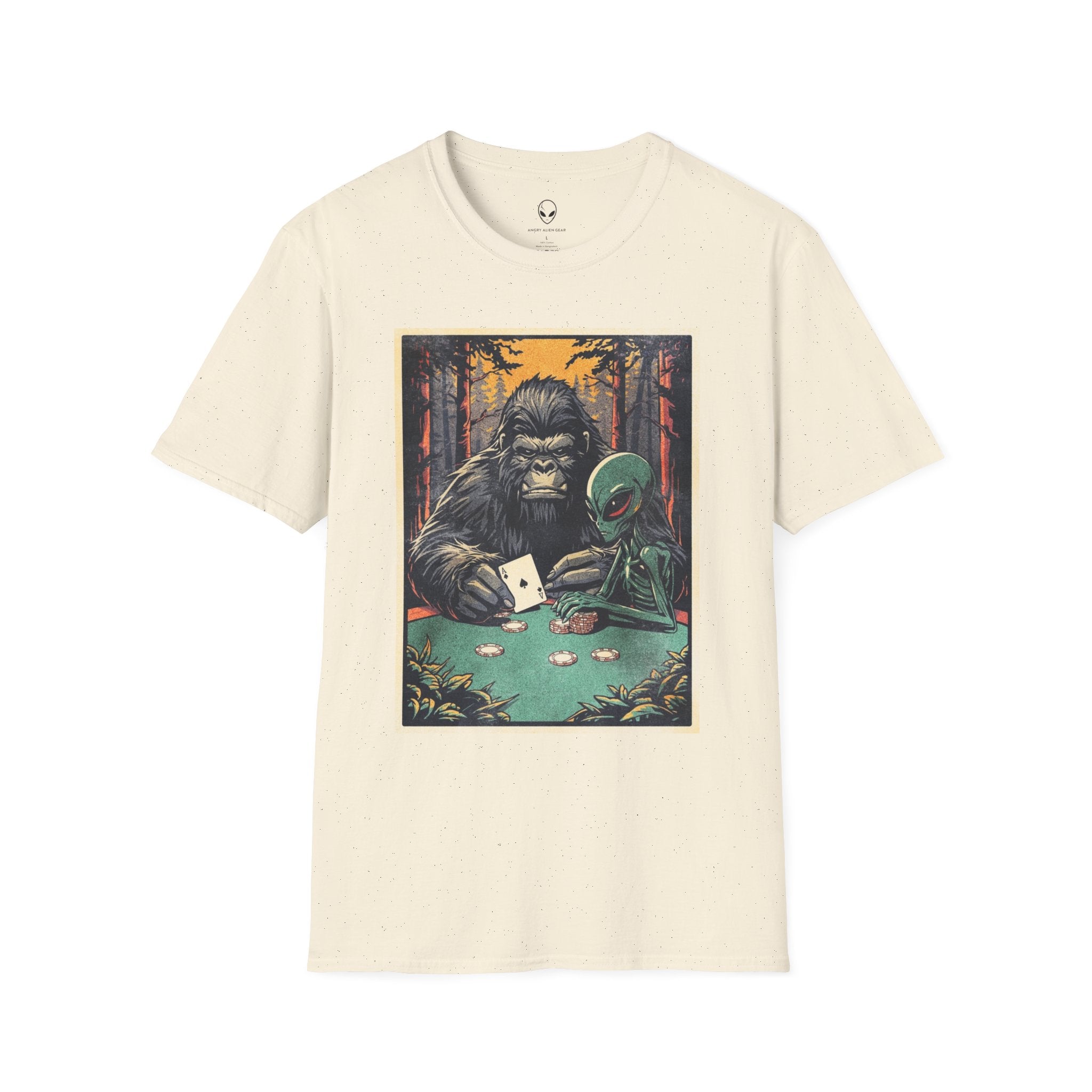 Bigfoot & Alien Playing Poker T-Shirt — Funny Cryptid Woods Tee
