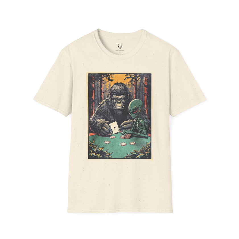 Bigfoot & Alien Playing Poker T-Shirt — Funny Cryptid Woods Tee