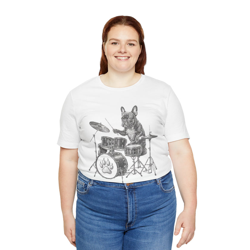 Drumming French Bulldog T-Shirt — Cute Dog Playing Drum Graphic Tee