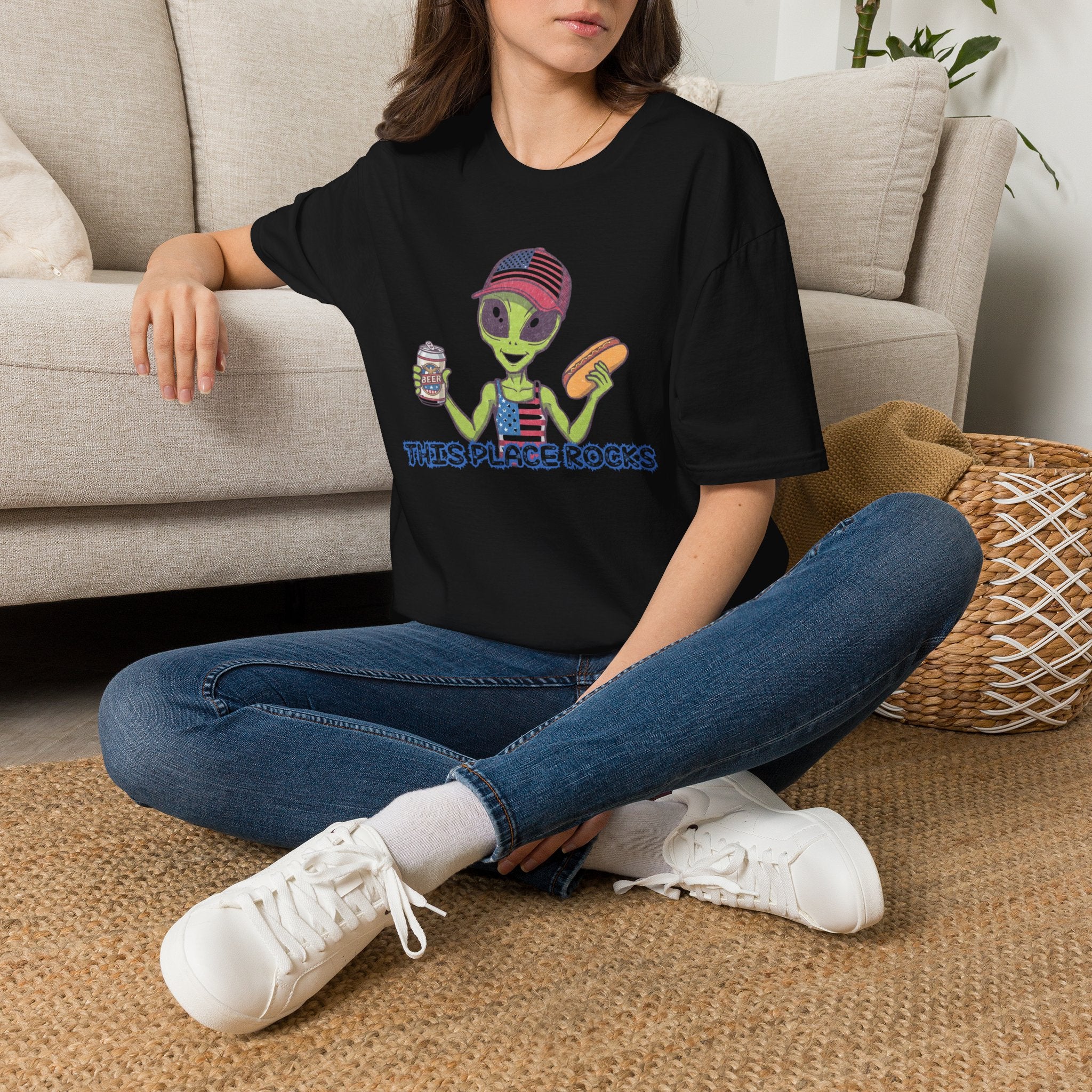 American Alien with Hot Dog and Beer T-Shirt | USA Flag Cap Fourth of July