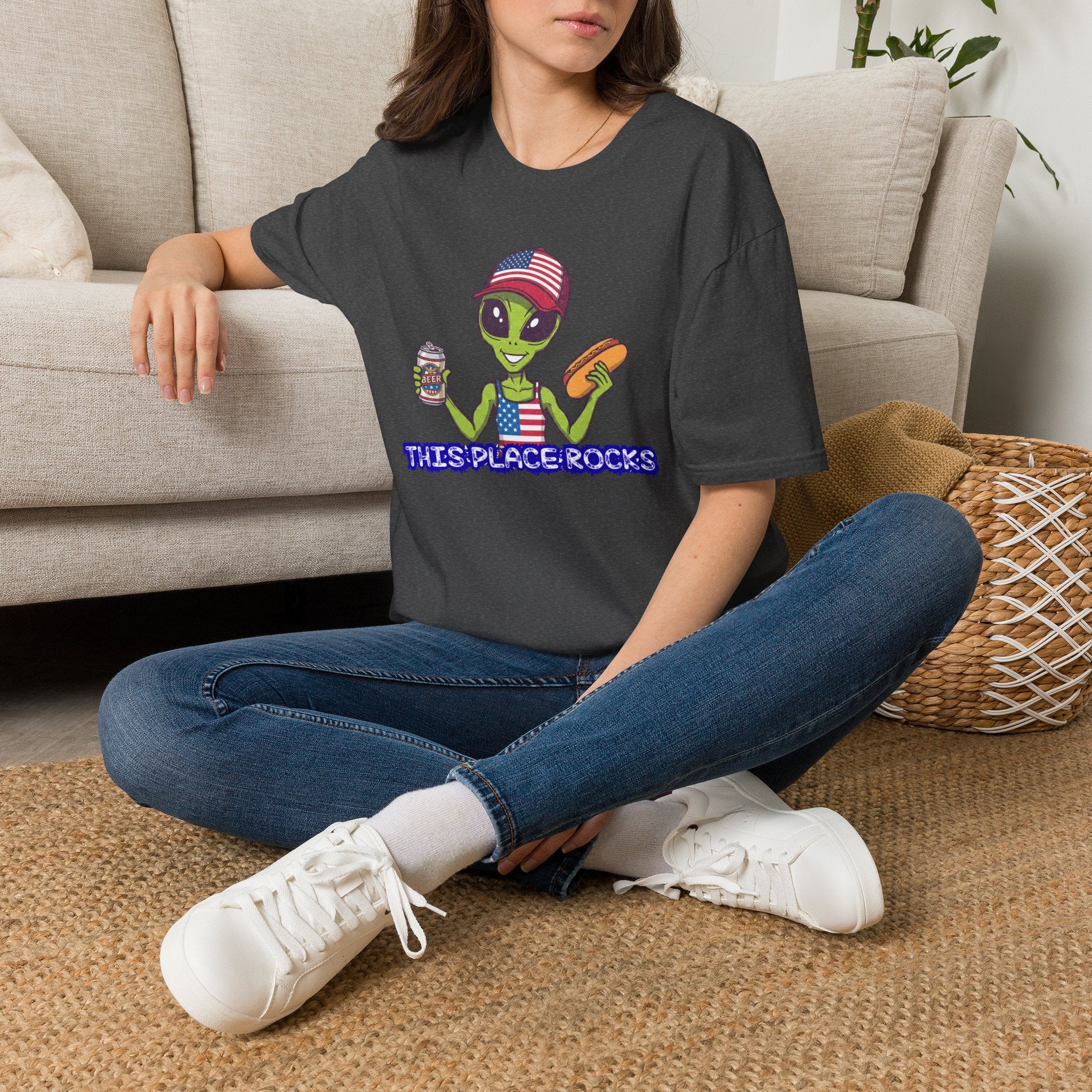 American Alien with Hot Dog and Beer T-Shirt | USA Flag Cap Fourth of July