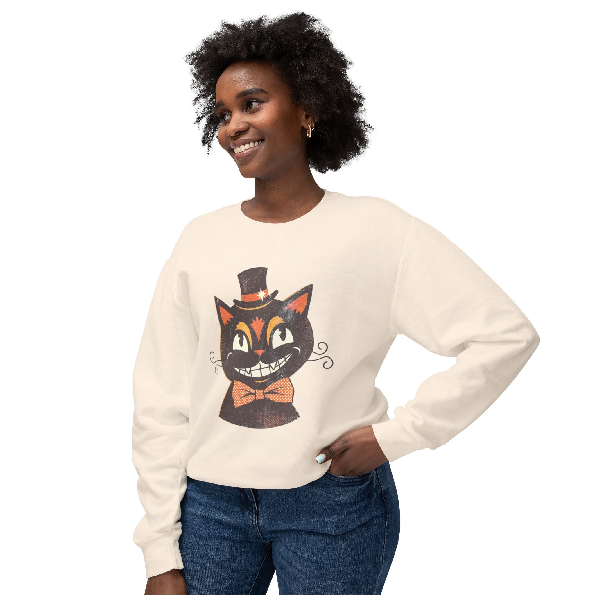 Vintage Smiling Black Cat Crewneck Sweatshirt | Halloween Top