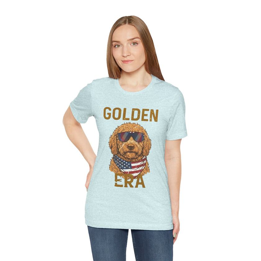 Golden Era Dog T-Shirt – American Flag Doodle with Sunglasses